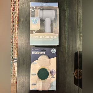 Blue Bytech Power Scrubber with detachable brush head and 3-piece attachment set
